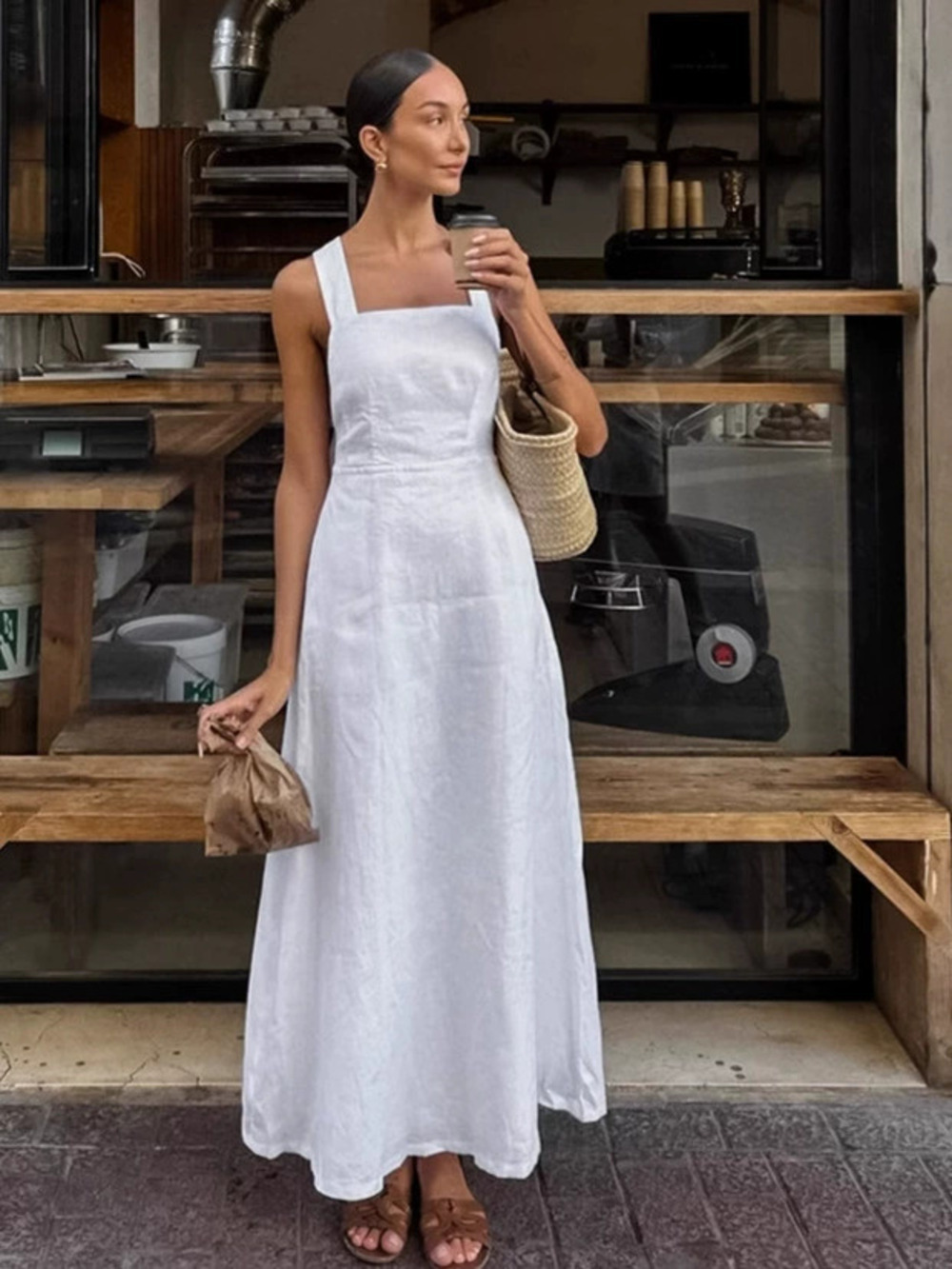 Forever 21 White Cotton Linen Vest Dress Fall Long